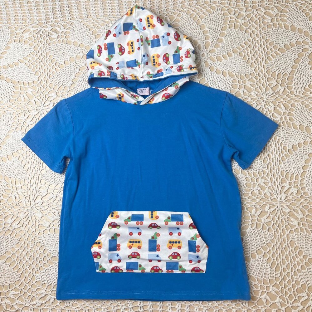 Pete + Lucy Boys 7-8 Years Automobile Print Blue Hooded Short Sleeve Shirt